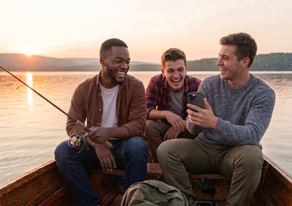 Three young men laughing in a boat at sunset, one showing a phone